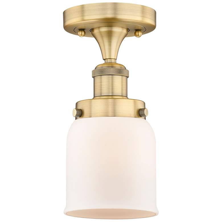 Image 1 Bell 5" Wide Brushed Brass Semi.Flush Mount With Matte White Glass Sha