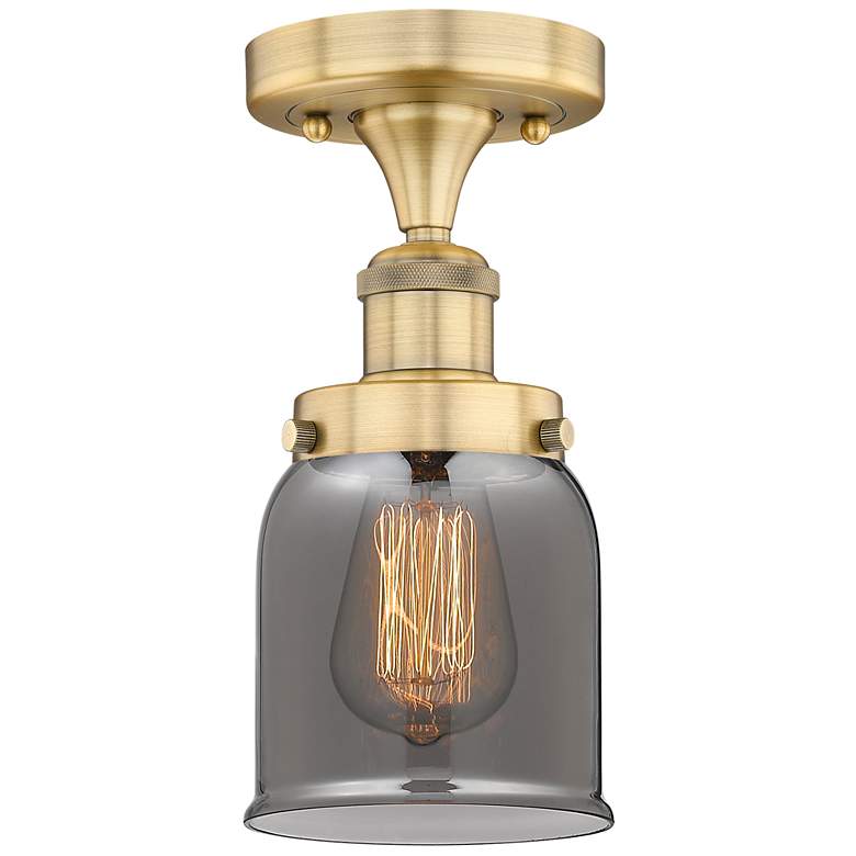 Image 1 Bell 5" Wide Brushed Brass Semi.Flush Mount With Plated Smoke Glass Sh