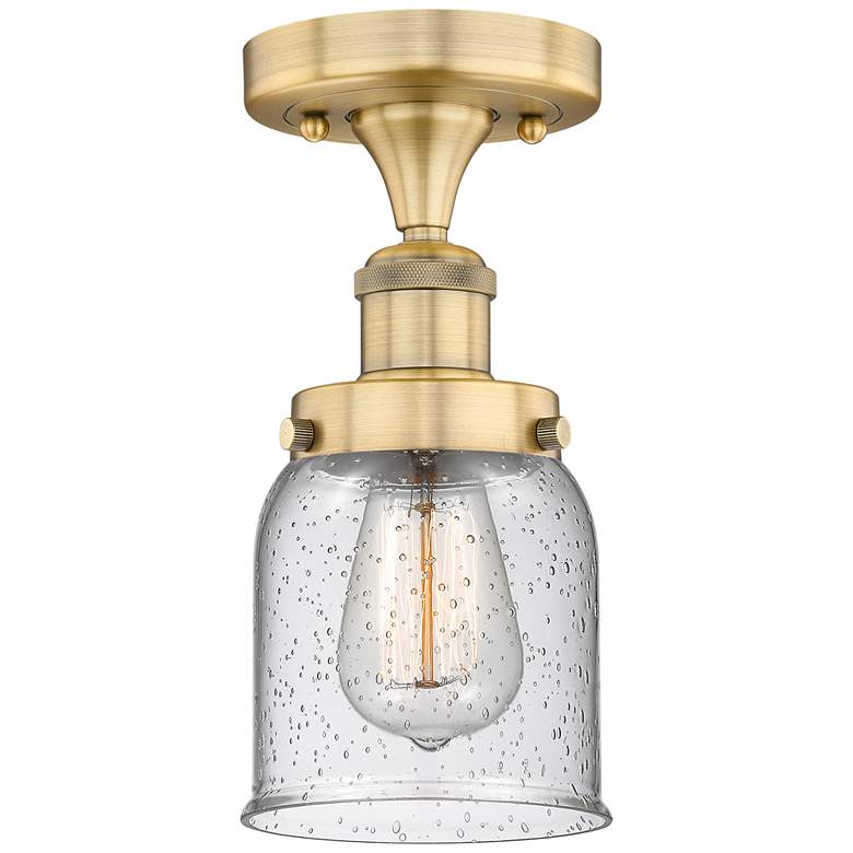 Image 1 Bell 5" Wide Brushed Brass Semi.Flush Mount With Seedy Glass Shade