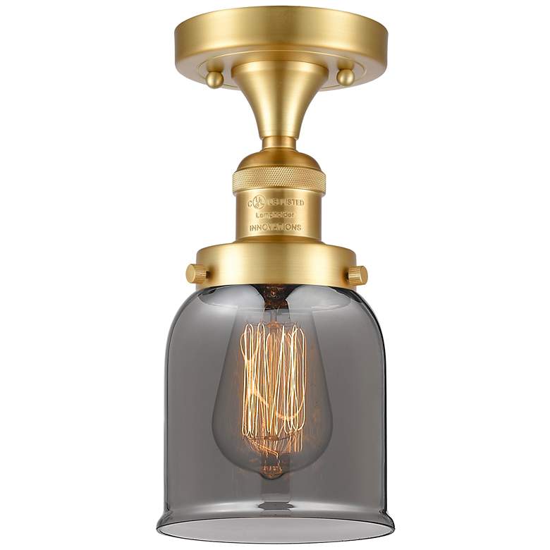 Image 1 Bell 5" Wide Satin Gold Semi Flush Mount w/ Plated Smoke Shade