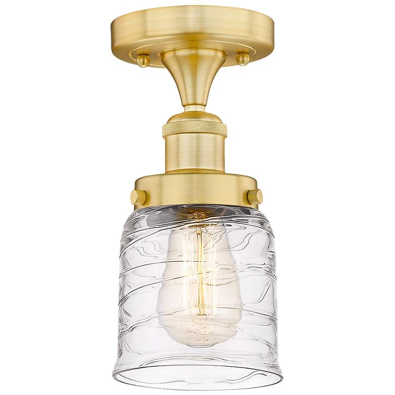 Image 1 Bell 5" Wide Satin Gold Semi.Flush Mount With Clear Deco Swirl Glass S