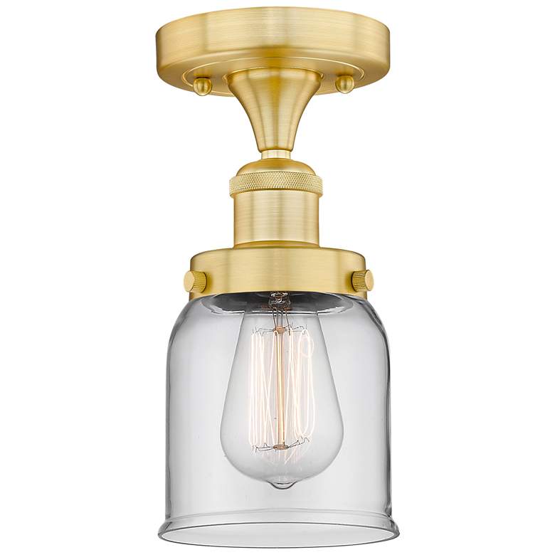 Image 1 Bell 5" Wide Satin Gold Semi.Flush Mount With Clear Glass Shade