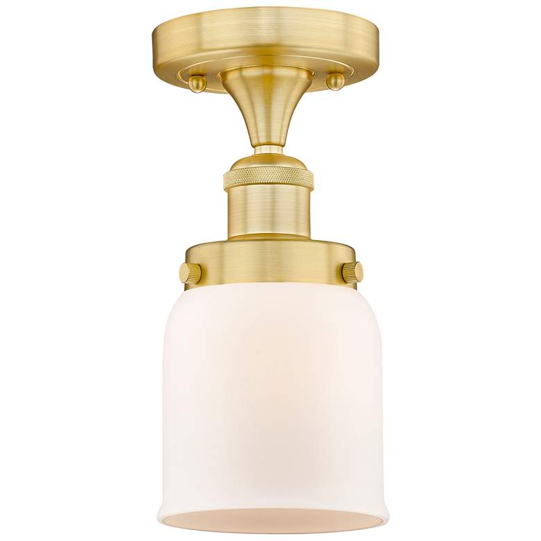 Image 1 Bell 5" Wide Satin Gold Semi.Flush Mount With Matte White Glass Shade