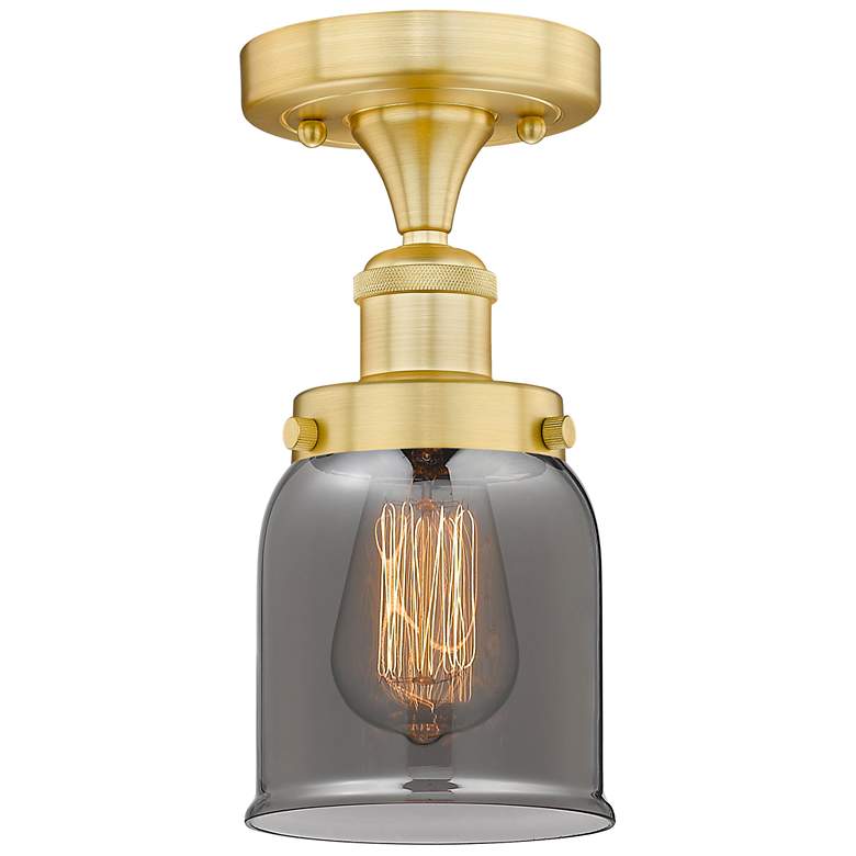 Image 1 Bell 5" Wide Satin Gold Semi.Flush Mount With Plated Smoke Glass Shade