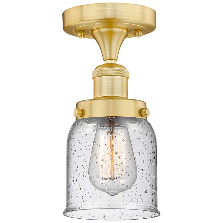 Image 1 Bell 5" Wide Satin Gold Semi.Flush Mount With Seedy Glass Shade