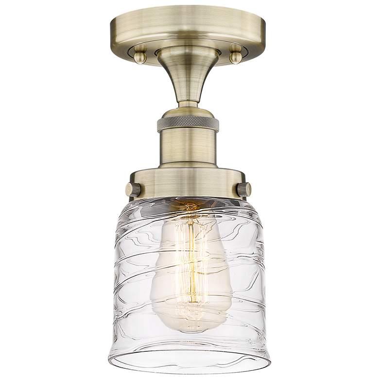 Image 1 Bell 5"W Antique Brass Semi.Flush Mount With Clear Deco Swirl Glass Sh