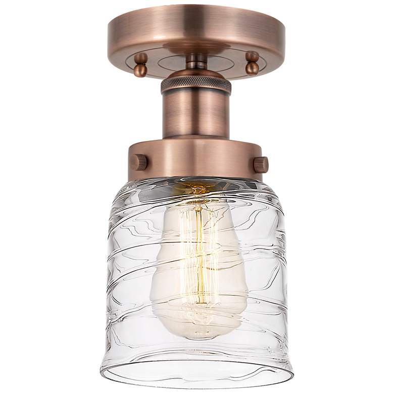 Image 1 Bell 5"W Antique Copper Semi.Flush Mount With Clear Deco Swirl Glass S