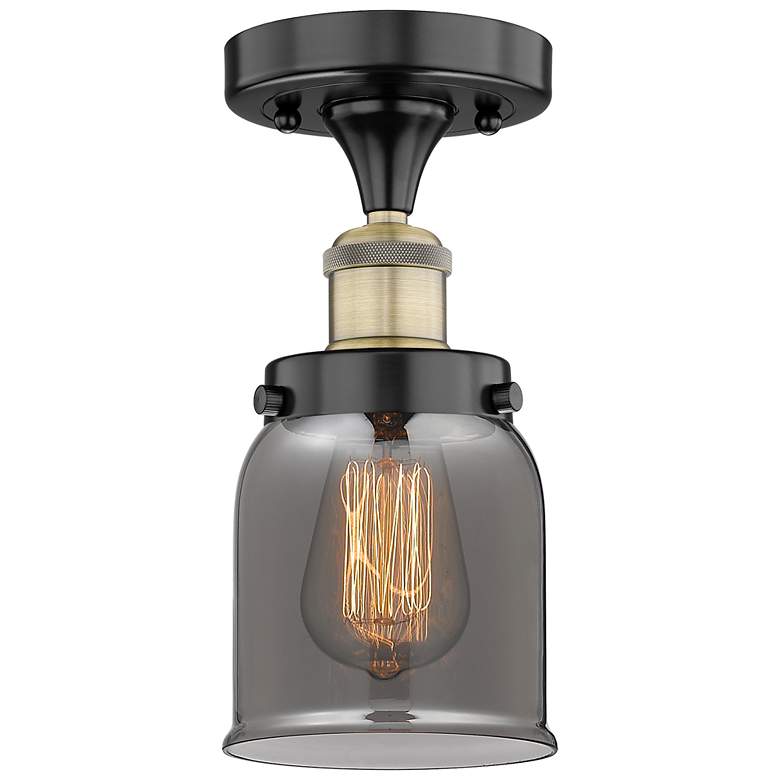 Image 1 Bell 5"W Black Antique Brass Semi.Flush Mount With Plated Smoke Glass
