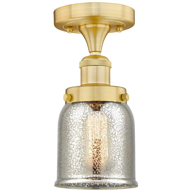 Image 1 Bell 5"W Satin Gold Semi.Flush Mount With Silver Plated Mercury Glass