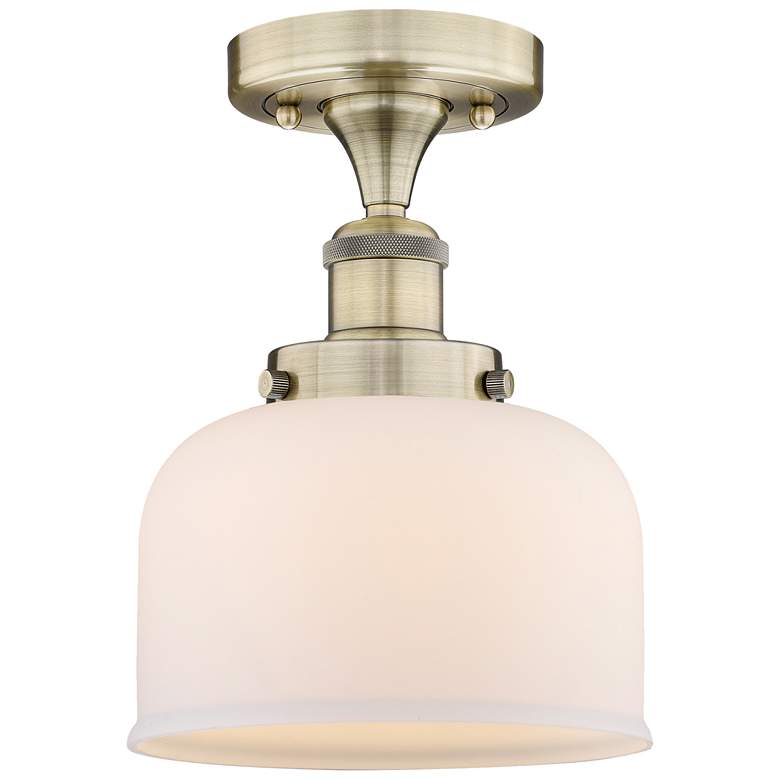 Image 1 Bell 7.75" Wide Antique Brass Semi.Flush Mount With Matte White Glass