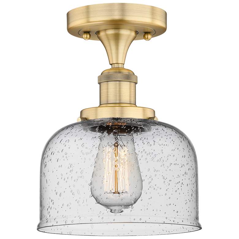Image 1 Bell 7.75" Wide Brushed Brass Semi.Flush Mount With Seedy Glass Shade