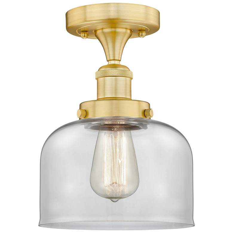 Image 1 Bell 7.75" Wide Satin Gold Semi.Flush Mount With Clear Glass Shade