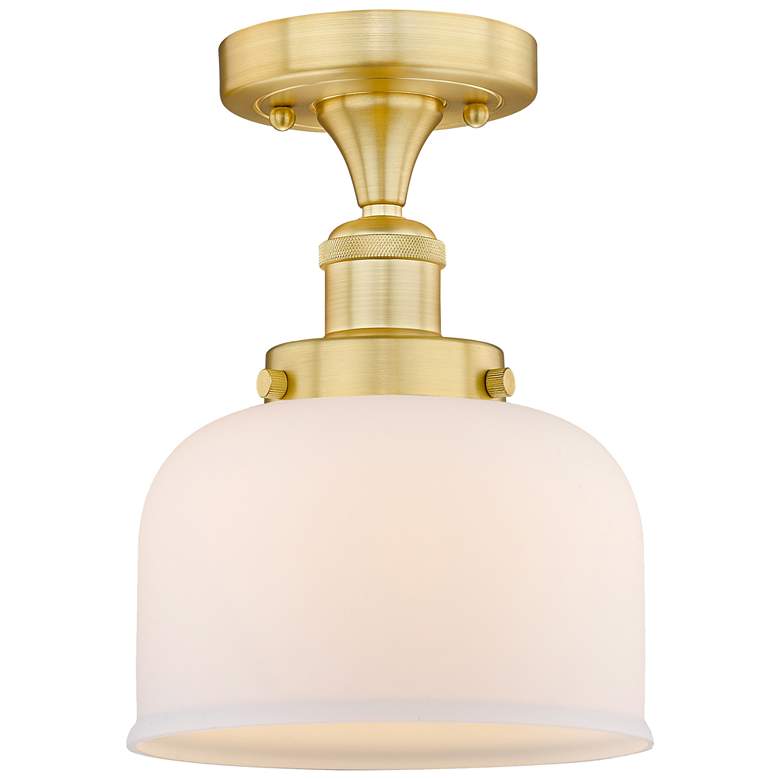 Image 1 Bell 7.75" Wide Satin Gold Semi.Flush Mount With Matte White Glass Sha