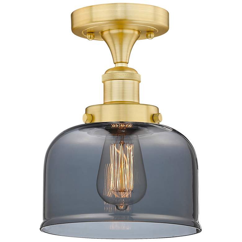 Image 1 Bell 7.75" Wide Satin Gold Semi.Flush Mount With Plated Smoke Glass Sh