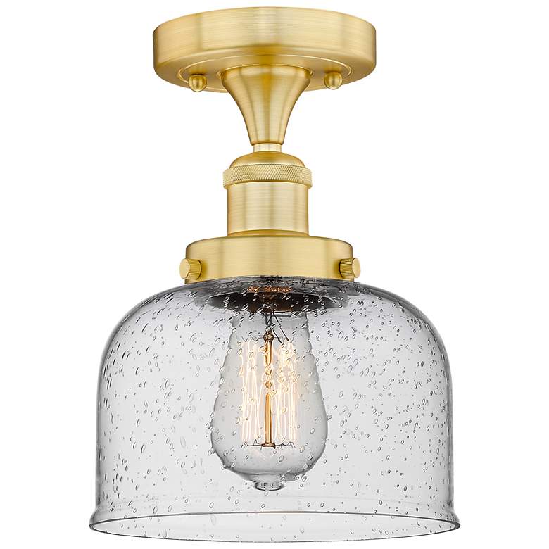 Image 1 Bell 7.75" Wide Satin Gold Semi.Flush Mount With Seedy Glass Shade
