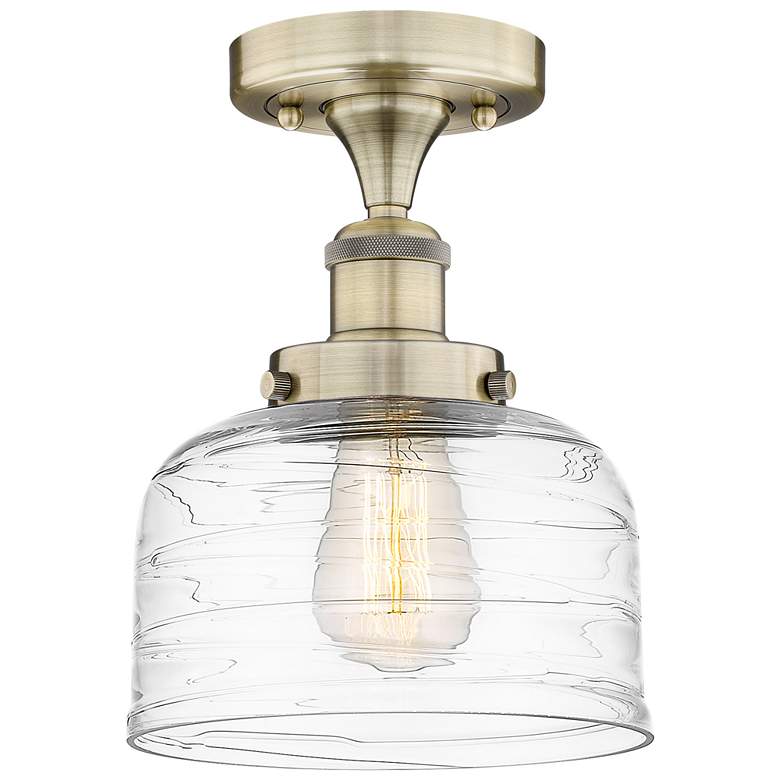 Image 1 Bell 7.75"W Antique Brass Semi.Flush Mount w/ Clear Deco Swirl Glass S