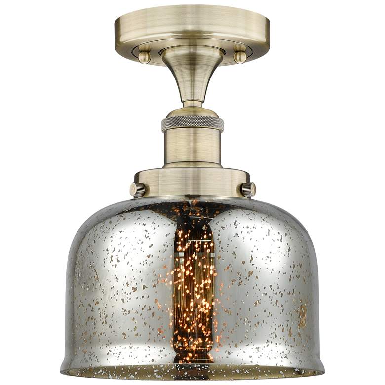 Image 1 Bell 7.75"W Antique Brass Semi.Flush Mount w/ Mercury Glass Shade