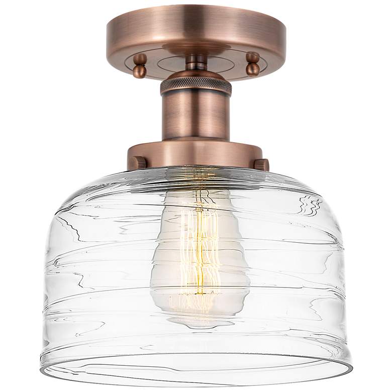 Image 1 Bell 7.75"W Antique Copper Semi.Flush Mount w/ Clear Deco Swirl Glass