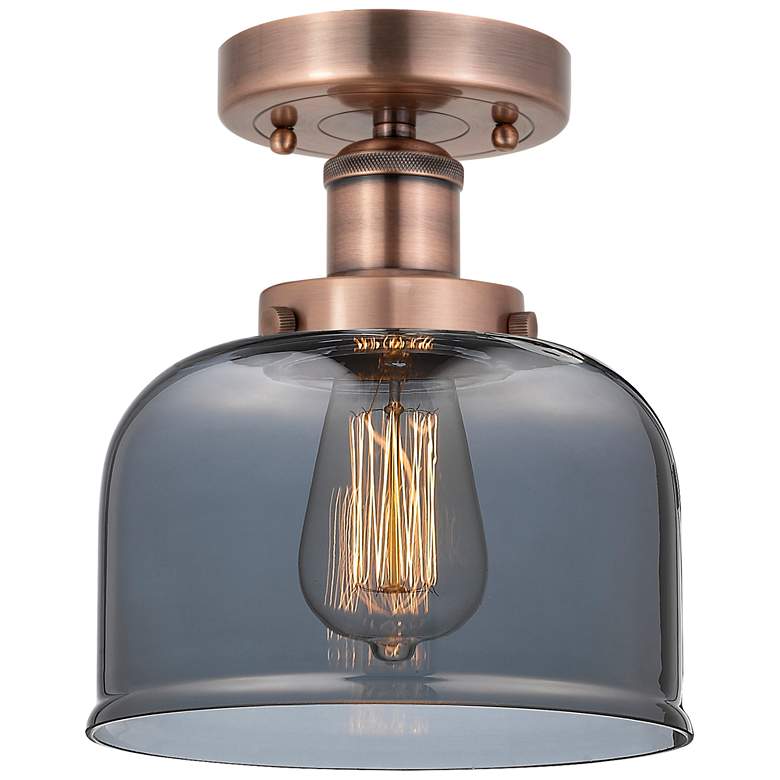Image 1 Bell 7.75"W Antique Copper Semi.Flush Mount With Plated Smoke Glass Sh