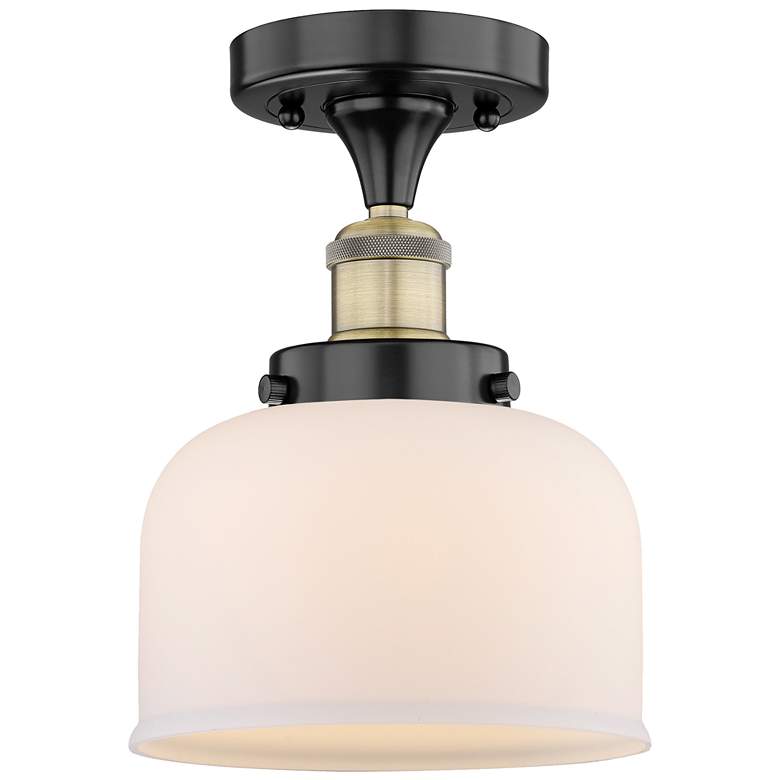 Image 1 Bell 7.75"W Black Antique Brass Semi.Flush Mount w/ Matte White Glass