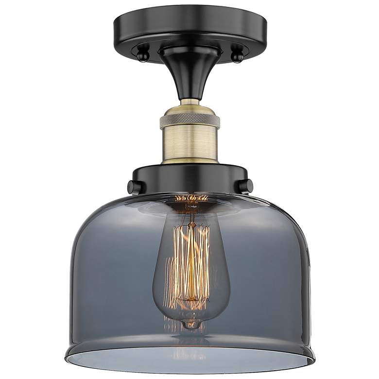 Image 1 Bell 7.75"W Black Antique Brass Semi.Flush Mount w/ Smoke Glass Shade