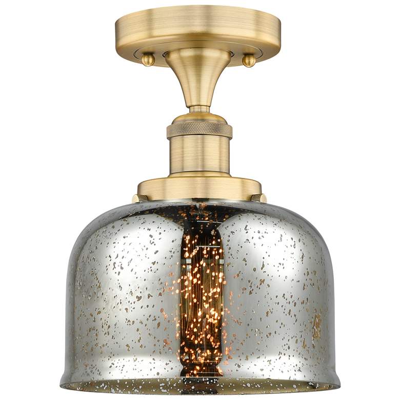 Image 1 Bell 7.75"W Brushed Brass Semi.Flush Mount w/ Mercury Glass Shade