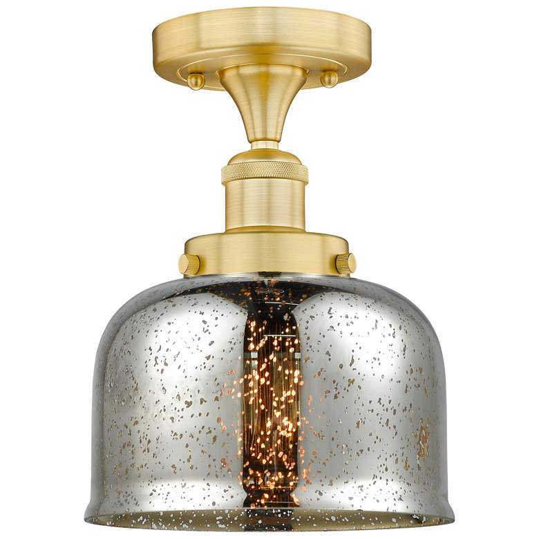 Image 1 Bell 7.75 inchW Satin Gold Semi.Flush Mount w/ Mercury Glass Shade