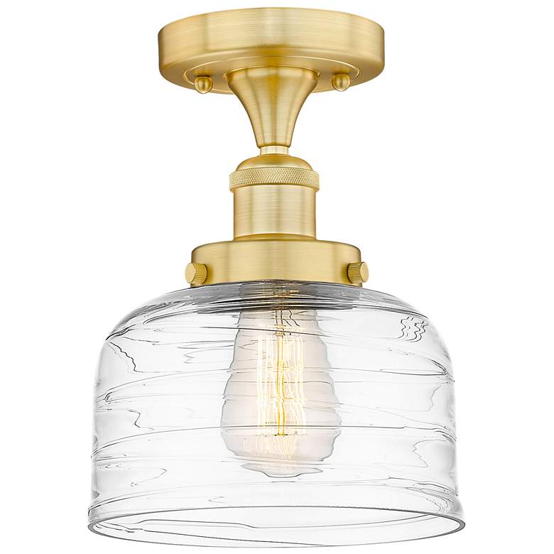 Image 1 Bell 7.75"W Satin Gold Semi.Flush Mount With Clear Deco Swirl Glass Sh