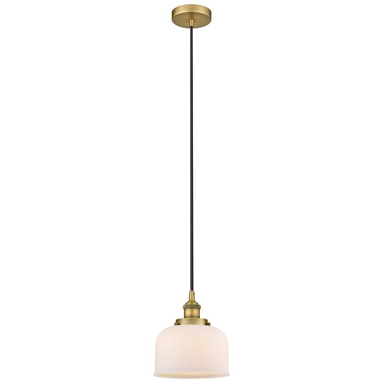 Image 1 Bell 7 3/4" Wide Brushed Brass and White Glass Mini Pendant