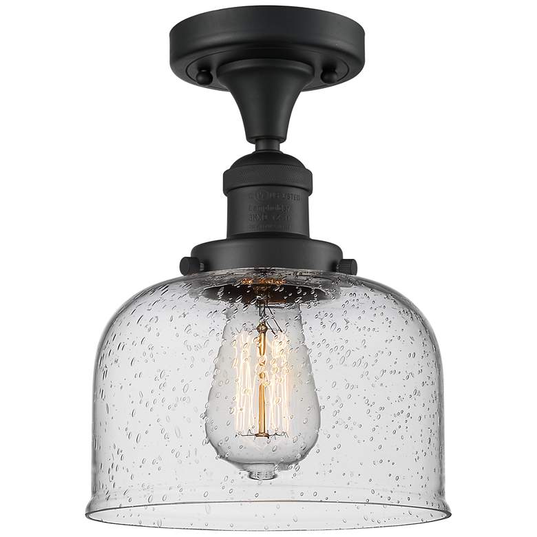 Image 1 Bell 7 3/4" Wide Matte Black Ceiling Light with Seeded Glass