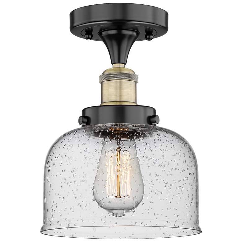 Image 1 Bell 7 3/4"W Black and Brass Ceiling Light w/ Seedy Shade