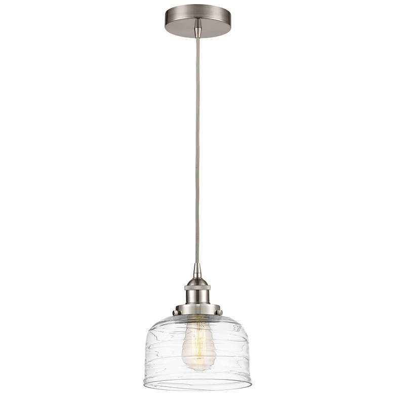 Image 1 Bell 7 3/4"W Satin Nickel Mini Pendant w/ Deco Swirl Glass