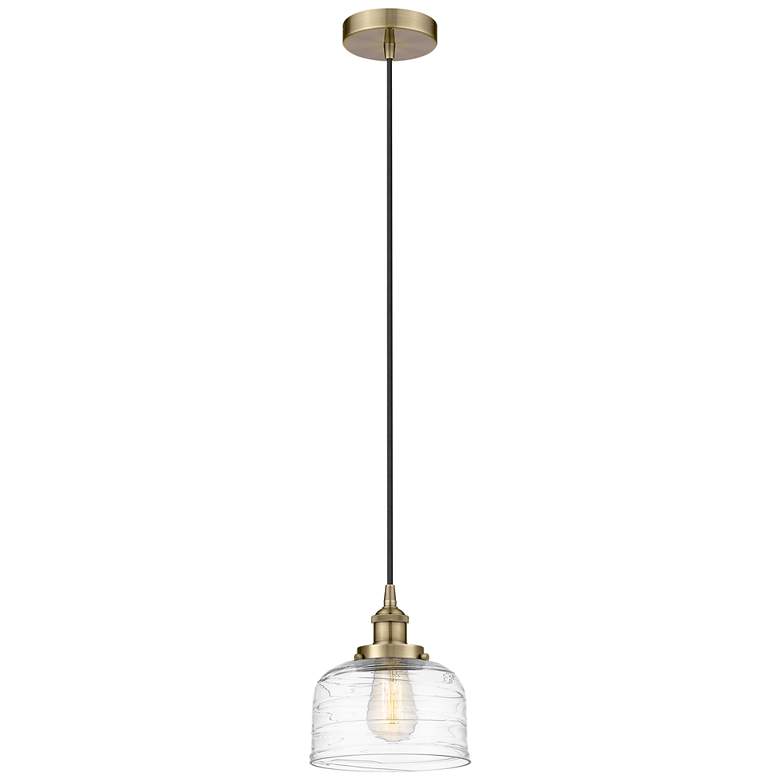 Image 1 Bell 8" Antique Brass Mini Pendant w/ Clear Deco Swirl Shade