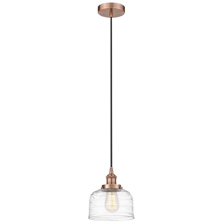 Image 1 Bell 8" Antique Copper Mini Pendant w/ Clear Deco Swirl Shade