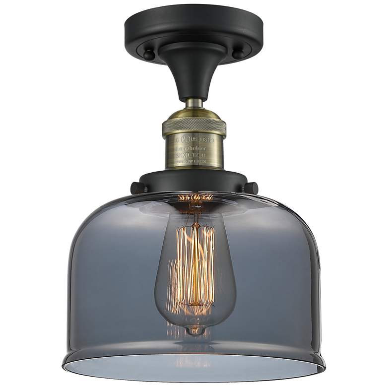 Image 1 Bell 8" Black Antique Brass Semi Flush Mount w/ Plated Smoke Shade