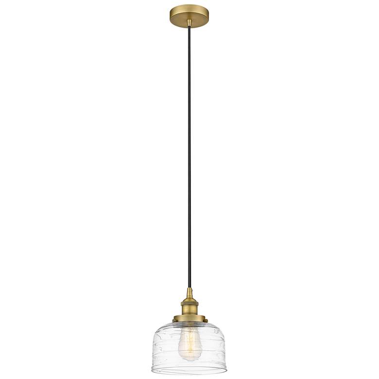 Image 1 Bell 8" Brushed Brass Mini Pendant w/ Clear Deco Swirl Shade