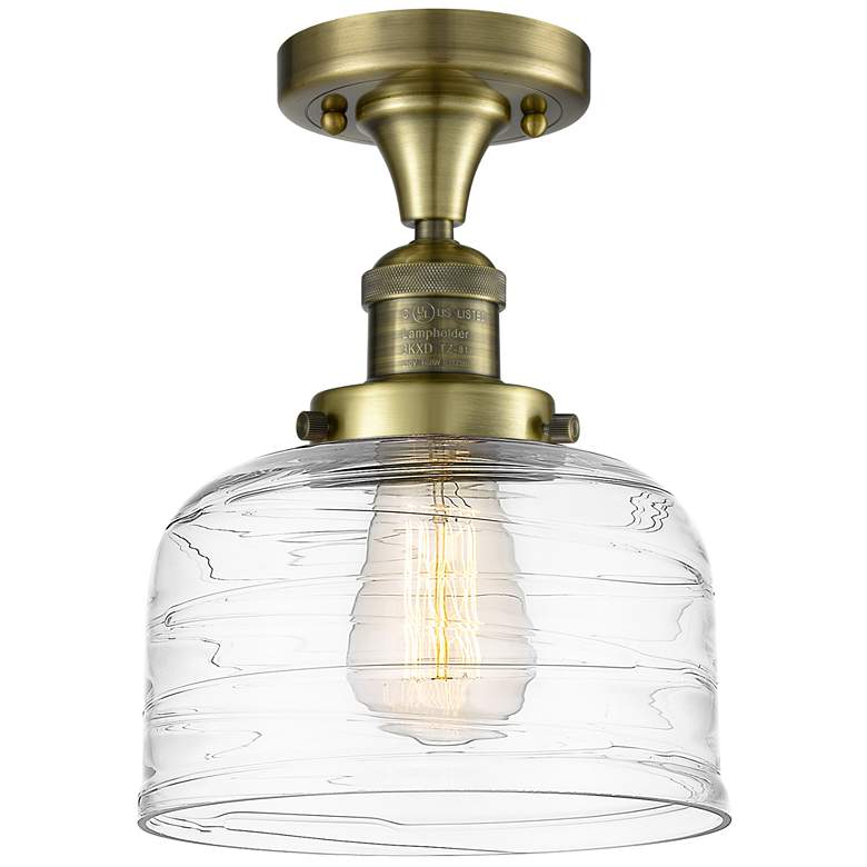 Image 1 Bell 8" LED Semi-Flush Mount - Antique Brass - Clear Deco Swirl Shade