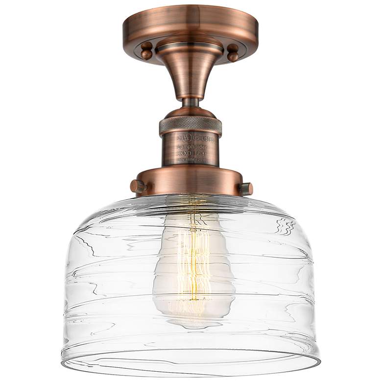 Image 1 Bell 8" LED Semi-Flush Mount - Antique Copper - Clear Deco Swirl Shade