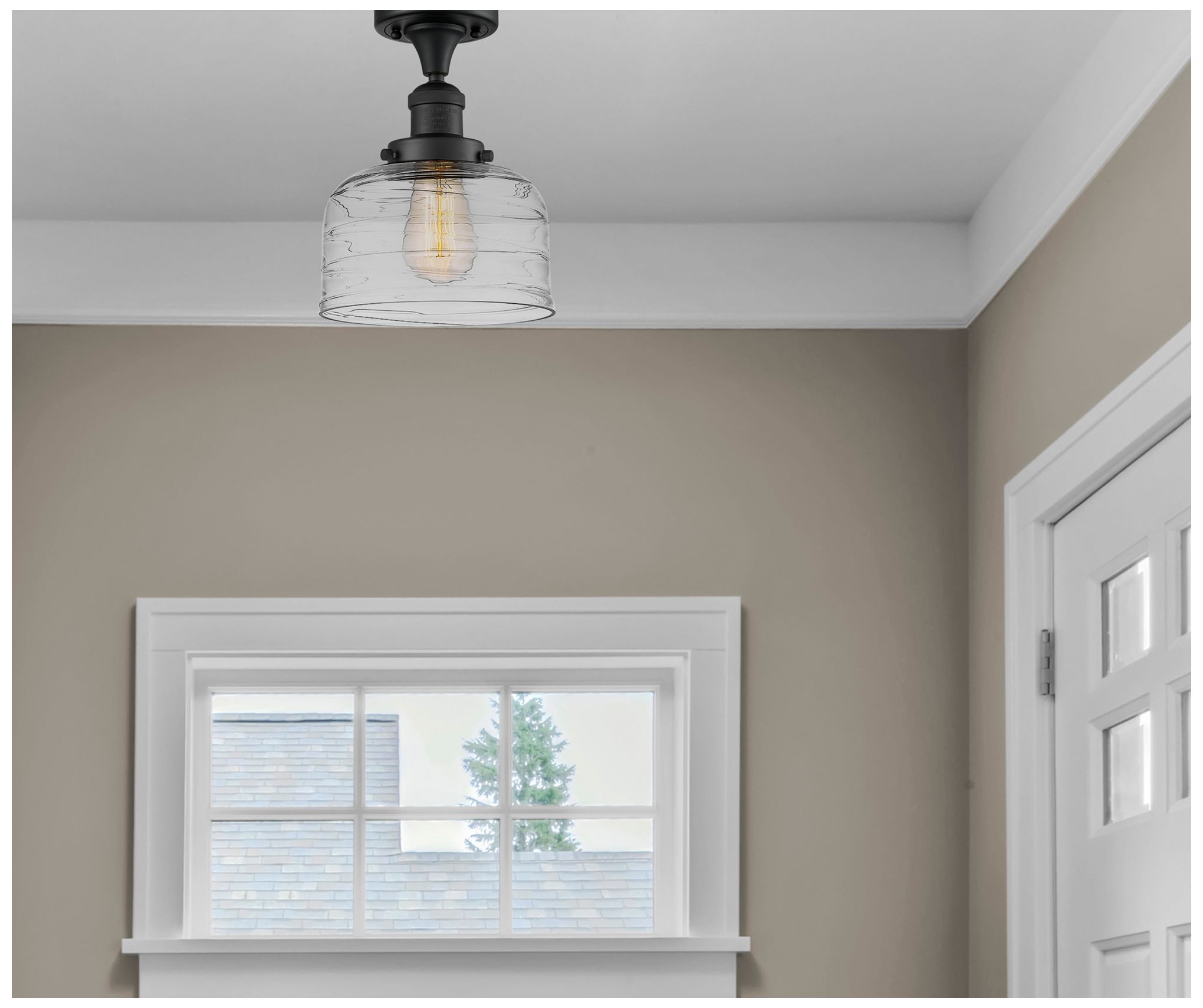 Image 2 Bell 8" LED Semi-Flush Mount - Matte Black - Clear Deco Swirl Shade more views