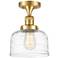 Bell 8" LED Semi-Flush Mount - Satin Gold - Clear Deco Swirl Shade