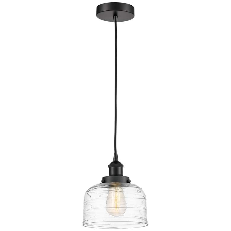 Image 1 Bell 8" Matte Black Mini Pendant w/ Clear Deco Swirl Shade