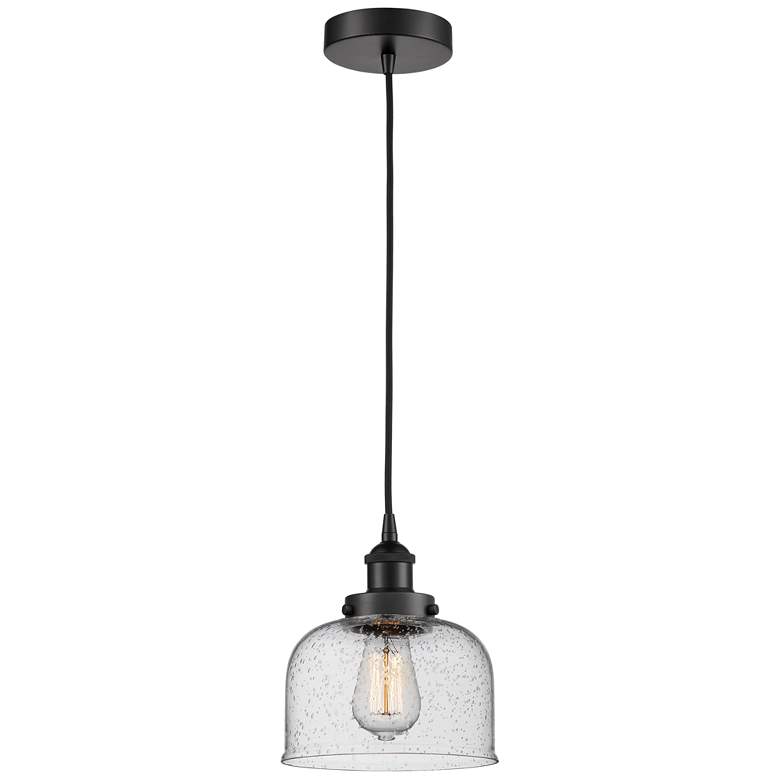 Image 1 Bell 8" Matte Black Mini Pendant w/ Seedy Shade