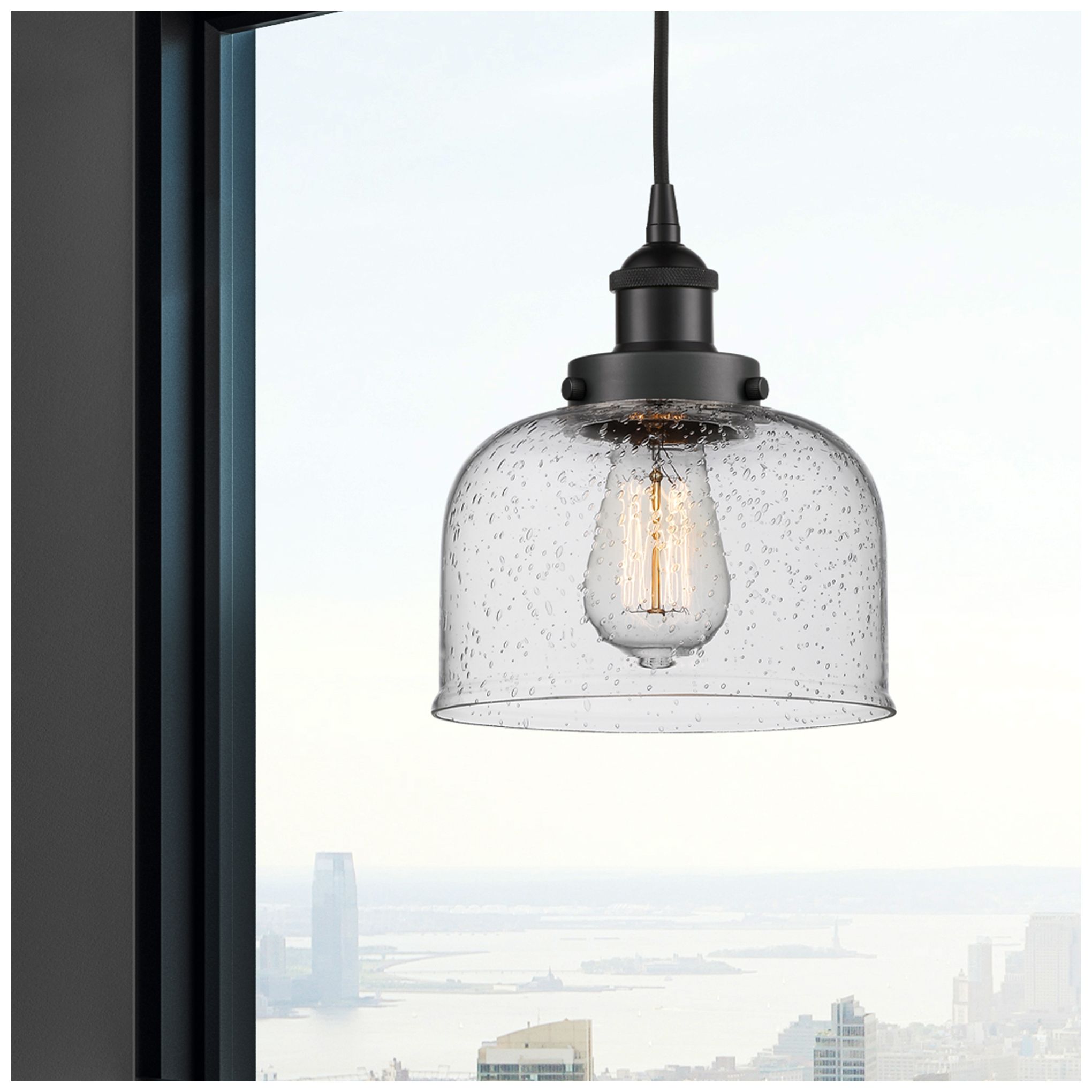 Image 2 Bell 8" Matte Black Mini Pendant w/ Seedy Shade more views