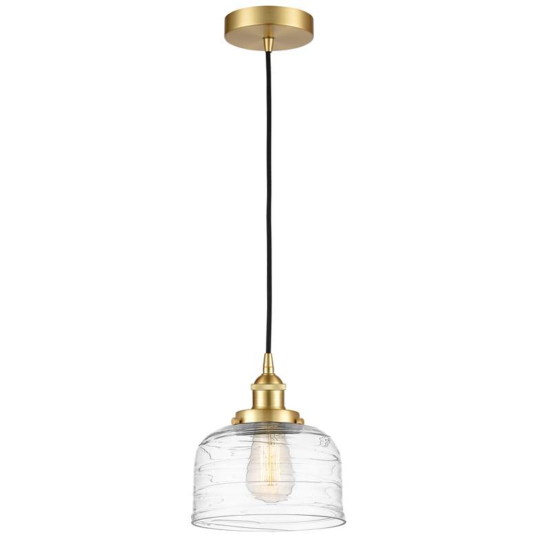 Image 1 Bell 8" Satin Gold Mini Pendant w/ Clear Deco Swirl Shade
