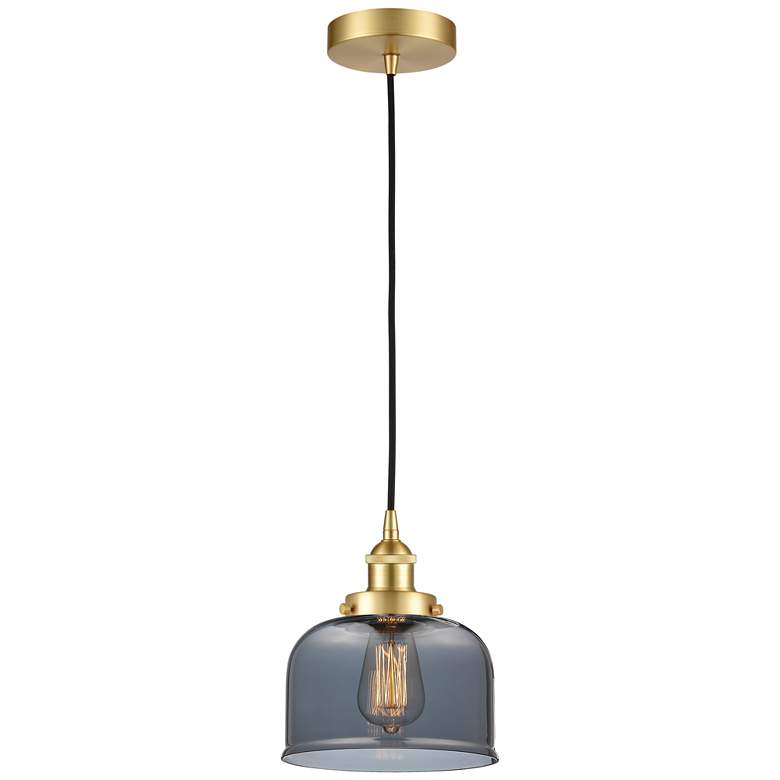 Image 1 Bell 8" Satin Gold Mini Pendant w/ Plated Smoke Shade