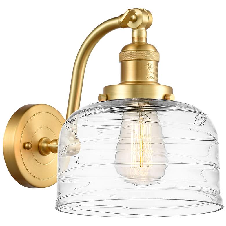 Image 1 Bell 8" Satin Gold Sconce With Clear Deco Swirl Shade