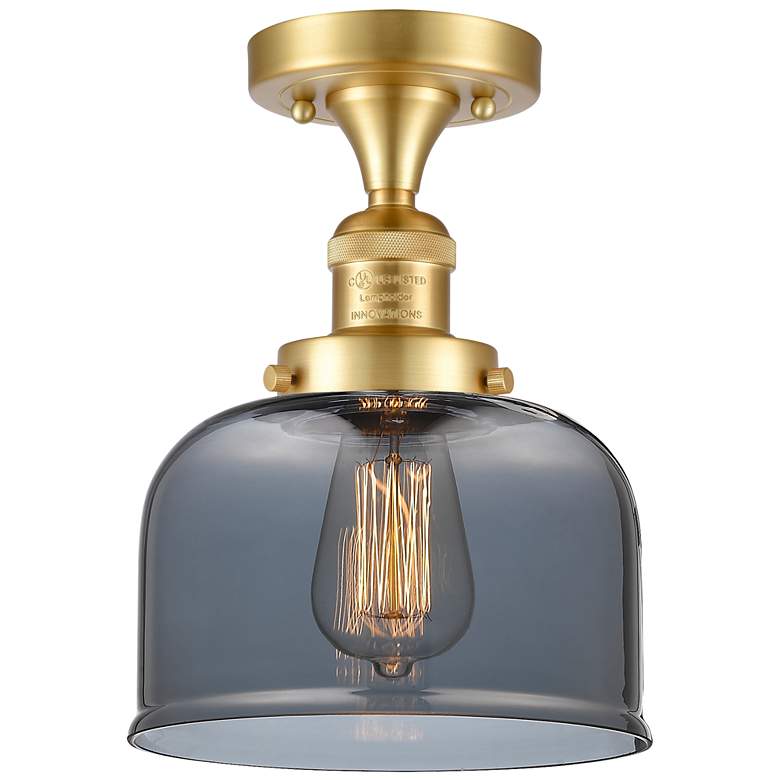 Image 1 Bell 8" Satin Gold Semi Flush Mount w/ Plated Smoke Shade