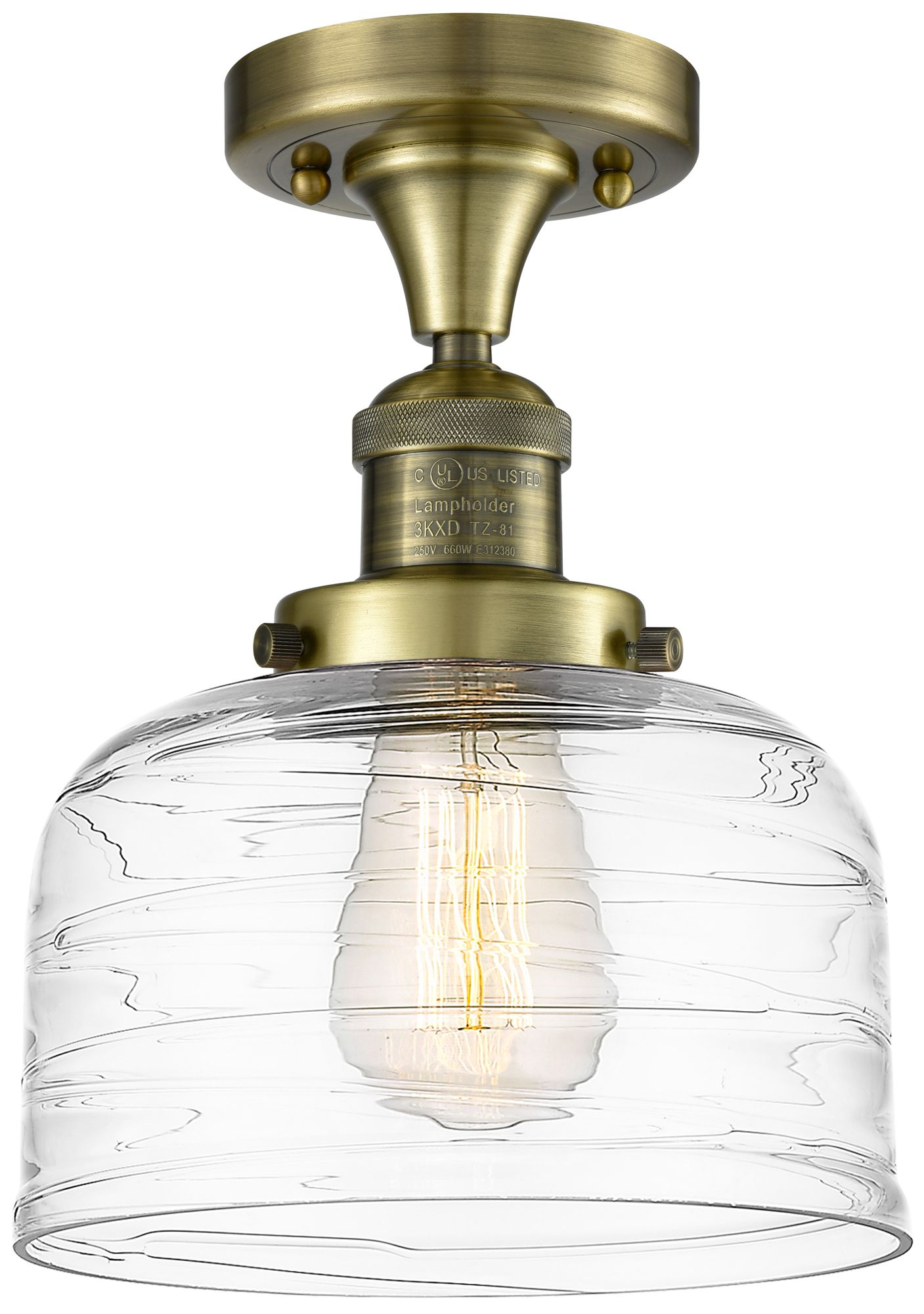 Bell 8" Semi-Flush Mount - Antique Brass - Clear Deco Swirl Shade