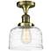 Bell 8" Semi-Flush Mount - Antique Brass - Clear Deco Swirl Shade
