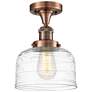 Bell 8" Semi-Flush Mount - Antique Copper - Clear Deco Swirl Shade